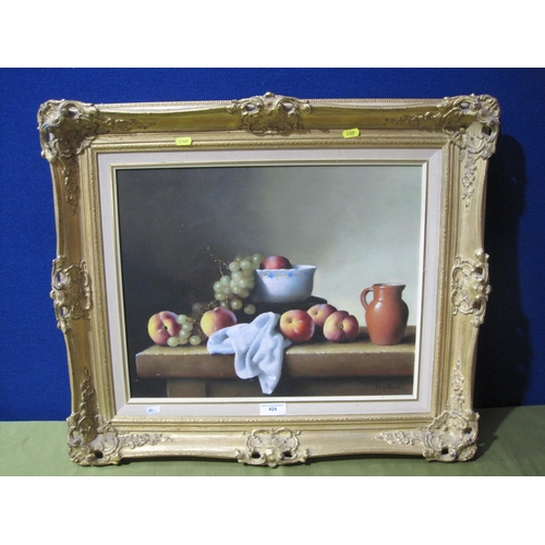 424 - CAWTHORN. A Still Life of assorted fruit and china on a ledge, signed, oil on canvas, 16 x 20 in; an... 