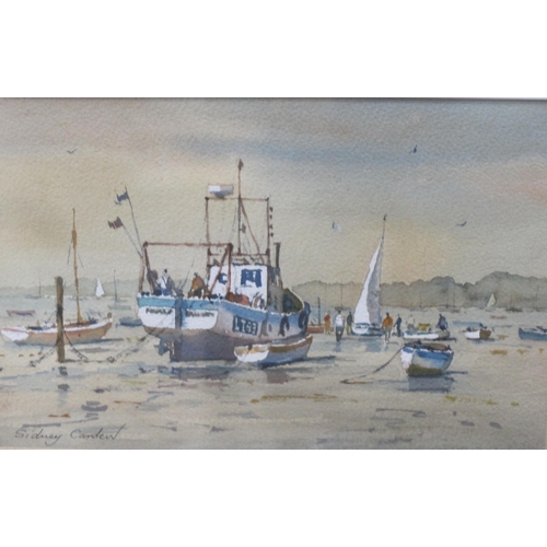 445 - SIDNEY CARDEW, Boats and figures in a dry harbour, watercolour, 7 x10 1/2in signed, and a pastel of ... 