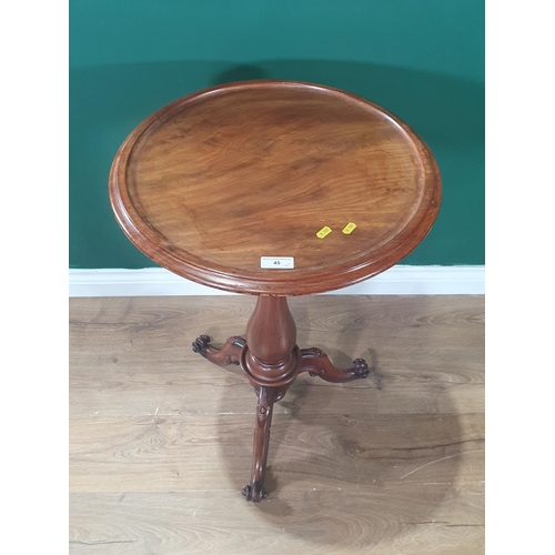 45 - A Victorian mahogany Pillar Table with circular dished top on baluster turned column and tripod base... 