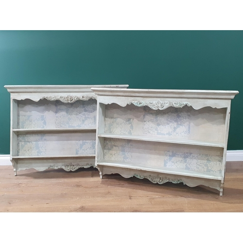 498 - A pair of pale blue French style Wall Shelves with carved scrolled leafage decorations, 2ft 6in H x ... 