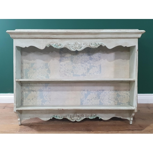 498 - A pair of pale blue French style Wall Shelves with carved scrolled leafage decorations, 2ft 6in H x ... 