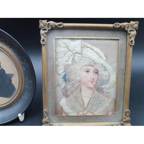 53 - A framed needlework Bust Portrait of young lady, oval Silhouette and a gilt metal Frame with ribbon ... 