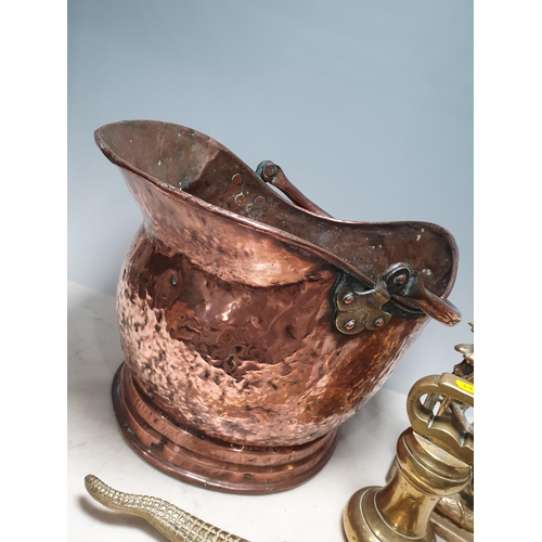 536 - A copper Coal Bucket with swing handle, A/F, a Hunting scene Door Porter, a brass Weight and a Croco... 