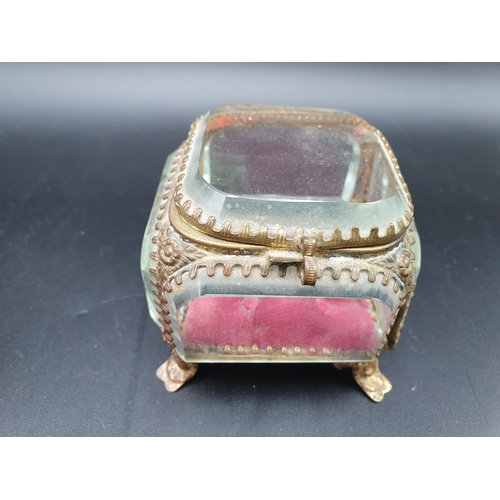 54 - A gilt metal mounted square glass Watch Display Case, 3in, two porcelain Trinket Boxes, and a parque... 