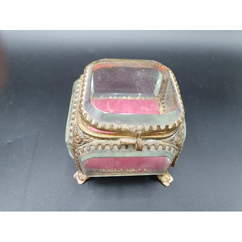 54 - A gilt metal mounted square glass Watch Display Case, 3in, two porcelain Trinket Boxes, and a parque... 