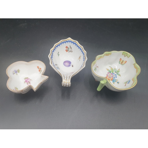 58 - A Herend Butter Boat floral moulded and painted, a Dresden clover leaf Dish and a Wine Taster painte... 