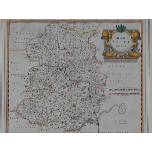 627 - A framed antique Map of Shropshire by Robert Morden, 23in x 21in, including frame (R7)