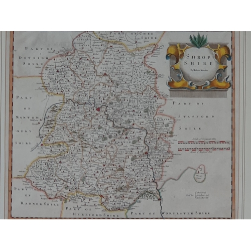 627 - A framed antique Map of Shropshire by Robert Morden, 23in x 21in, including frame (R7)