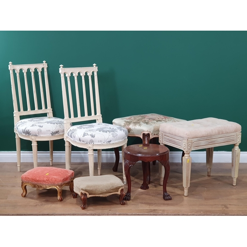 648 - A pair of white painted Bedroom Chairs, two Footstools, two Dressing Table Stools and a small circul... 