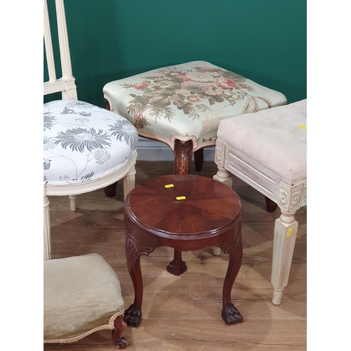 648 - A pair of white painted Bedroom Chairs, two Footstools, two Dressing Table Stools and a small circul... 