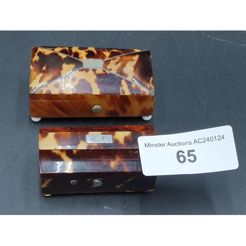 65 - Two miniature tortoiseshell Boxes with white metal cartuches on bun feet, approx 2 1/2in