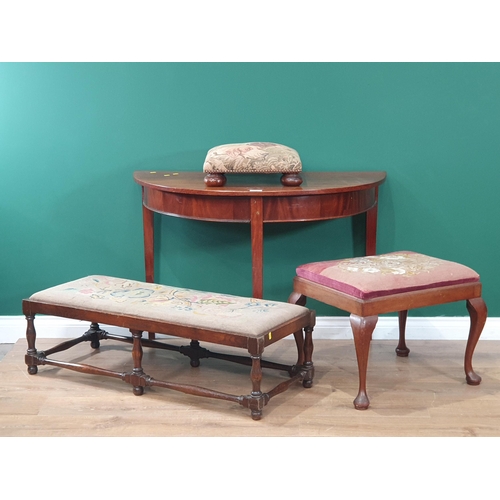 652 - A mahogany demi-lune Side Table, a tapestry upholstered Footstool, a tapestry upholstered cabriole l... 