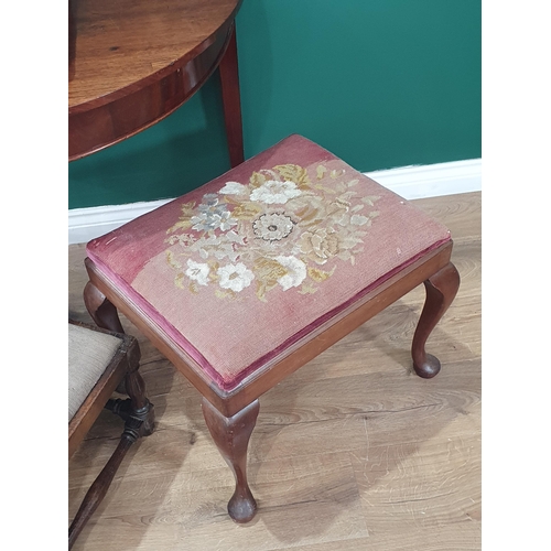 652 - A mahogany demi-lune Side Table, a tapestry upholstered Footstool, a tapestry upholstered cabriole l... 