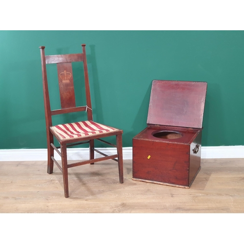 654 - A pine Box Commode and a mahogany Bedroom Chair inlaid with a crown, dated 1902 (R8)