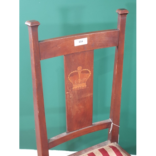 654 - A pine Box Commode and a mahogany Bedroom Chair inlaid with a crown, dated 1902 (R8)