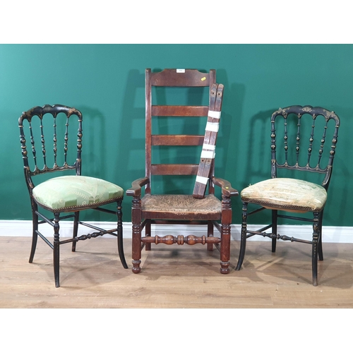 674 - A pair of painted spindle back Bedroom Chairs with gilt decorations, green upholstered seats, A/F, a... 