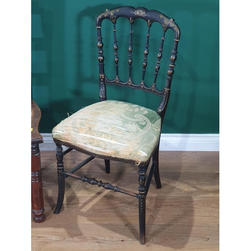 674 - A pair of painted spindle back Bedroom Chairs with gilt decorations, green upholstered seats, A/F, a... 