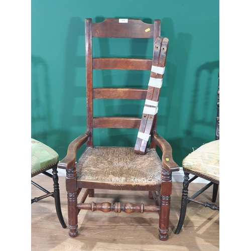 674 - A pair of painted spindle back Bedroom Chairs with gilt decorations, green upholstered seats, A/F, a... 