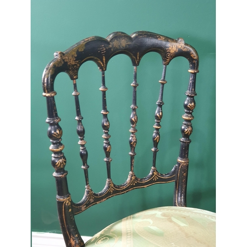 674 - A pair of painted spindle back Bedroom Chairs with gilt decorations, green upholstered seats, A/F, a... 