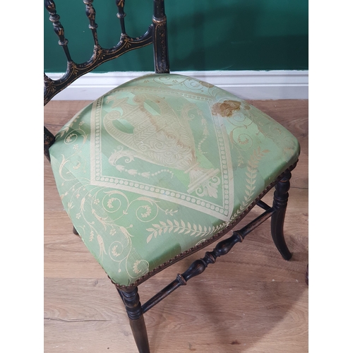 674 - A pair of painted spindle back Bedroom Chairs with gilt decorations, green upholstered seats, A/F, a... 