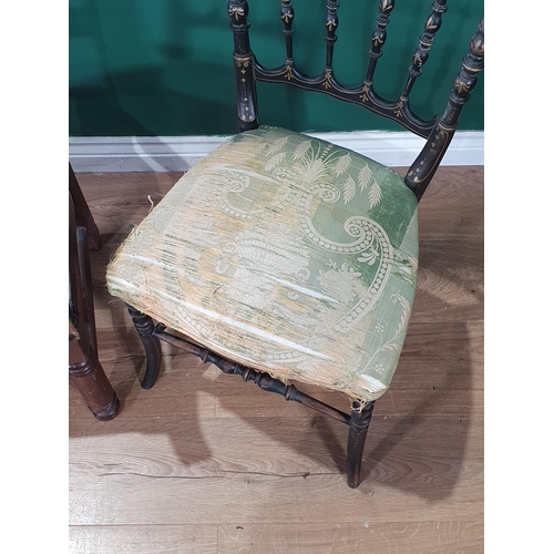 674 - A pair of painted spindle back Bedroom Chairs with gilt decorations, green upholstered seats, A/F, a... 