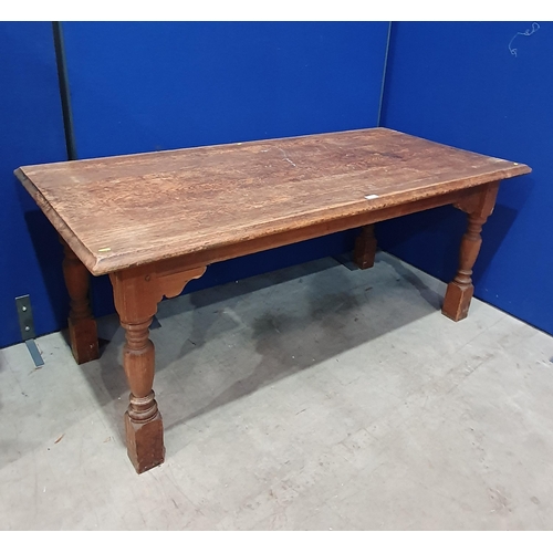 680 - A pitch pine Table on turned supports, 2ft 7in H x 6ft L x 2ft 11in W, (R4)