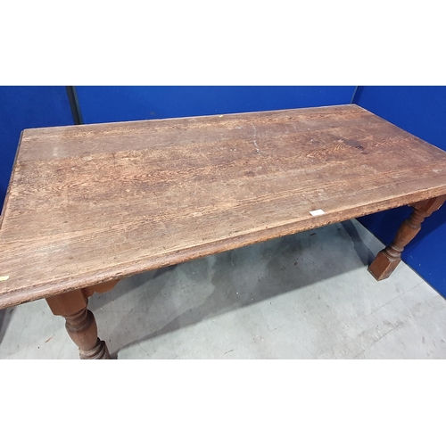 680 - A pitch pine Table on turned supports, 2ft 7in H x 6ft L x 2ft 11in W, (R4)