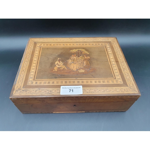 71 - A 19th century Sorrento Ware Work Box with central musician serenading three women, interior tray, 1... 