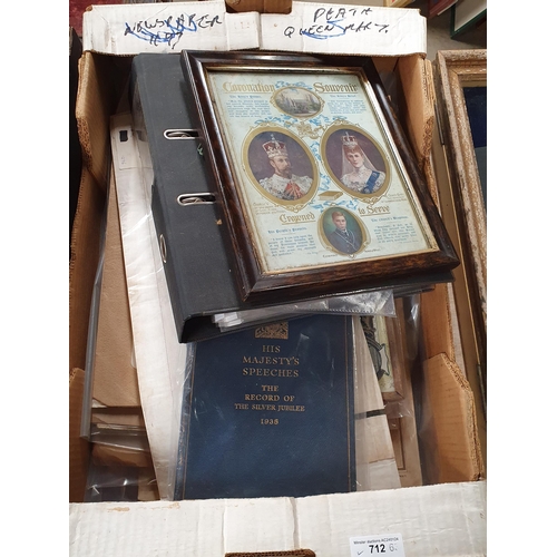 712 - A box containing Royal ephemera and memorabilia including a framed picture, Souvenir of the Coronati... 