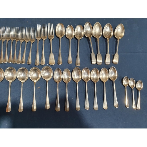 90 - A quantity of plated Cutlery, mostly Hanoverian pattern engraved initial K, a Soup Ladle and quantit... 