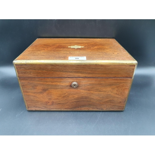 98 - An early Victorian brass bound rosewood Vanity Case with inset brass handles and drawer, containing ... 