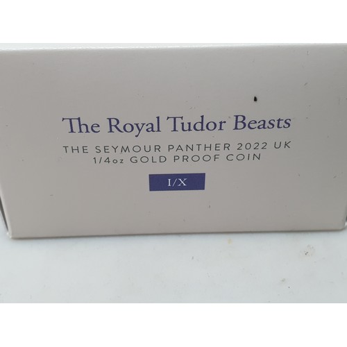 254 - A Charles III 2023 Royal Tudor Beasts Gold Proof 1/4 oz 25 Pounds, Seymour Panther, in case of issue... 