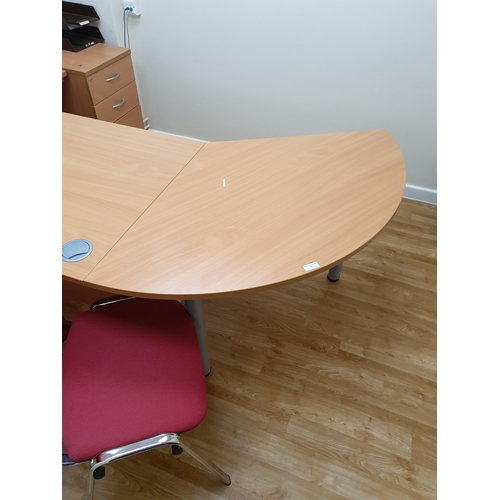 1 - A curved Office Desk 7ft 11”Long x 2ft 6”High (Two Parts), an Office Cupboard, 3ft 2”Wide x 2ft 6”Hi... 