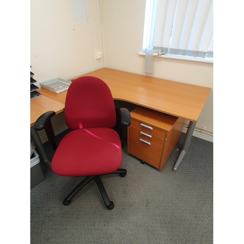 5 - A large curved Double Desk 11ft 3”Long x 5ft 4”Deep x 2ft 5”High, a three drawer Filing Cabinet, two... 