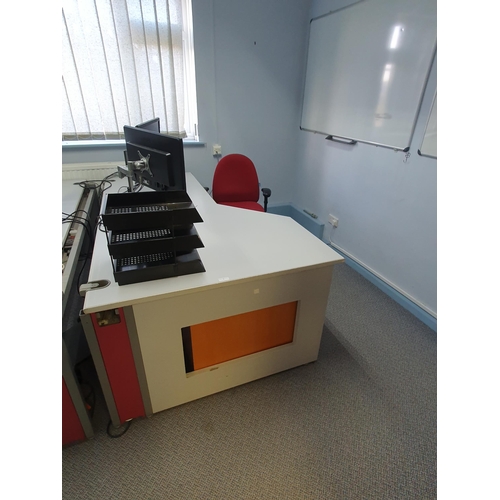 7 - A Modern Office Desk 2ft 6”High x 6ft 7”Long x 4ft Deep, two “Benq senseye” Monitors, a three drawer... 