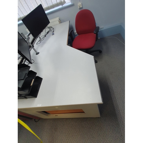 7 - A Modern Office Desk 2ft 6”High x 6ft 7”Long x 4ft Deep, two “Benq senseye” Monitors, a three drawer... 