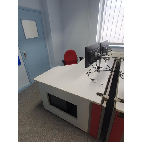 8 - A Modern Office Desk 2ft 6”High x 6ft 7”Long x 4ft Deep, two “Benq senseye” Monitors, a metal three ... 
