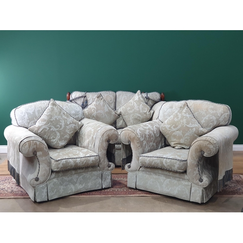 488 - An upholstered three piece Suite with scrolled arms and pale green damask style upholstery, settee 6... 