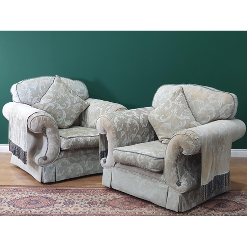 488 - An upholstered three piece Suite with scrolled arms and pale green damask style upholstery, settee 6... 