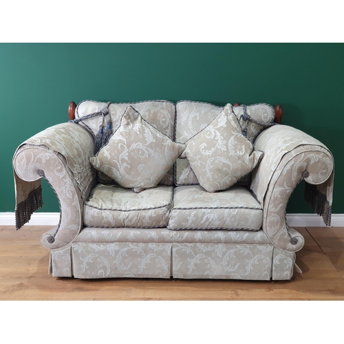 488 - An upholstered three piece Suite with scrolled arms and pale green damask style upholstery, settee 6... 