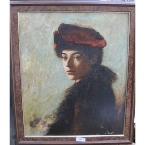 402 - ENGLISH SCHOOL. Portrait of a Lady, wearing a brown coat and red hat, oil probably over a print base... 