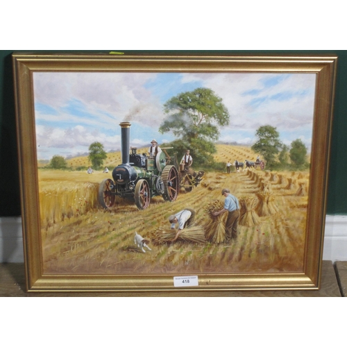 418 - ENGLISH SCHOOL. Harvest-Time, oil on canvas, 15 x 20 in; and three other rural paintings by the same... 