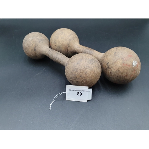 89 - A pair of vintage wooden Dumbells, 8in (R1)