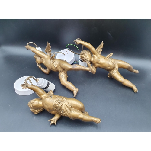 95 - Three gilt painted spelter Cherub Hanging Lights, 9-12in (R3)