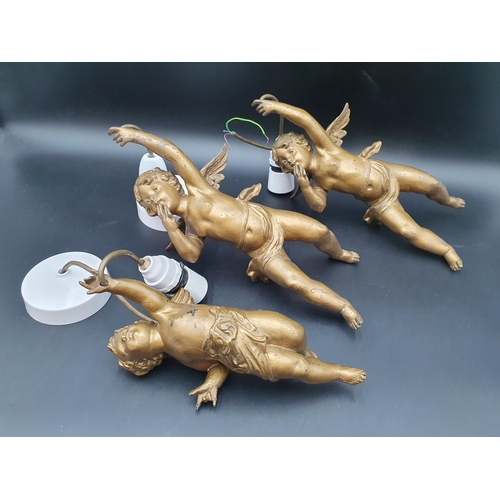 95 - Three gilt painted spelter Cherub Hanging Lights, 9-12in (R3)