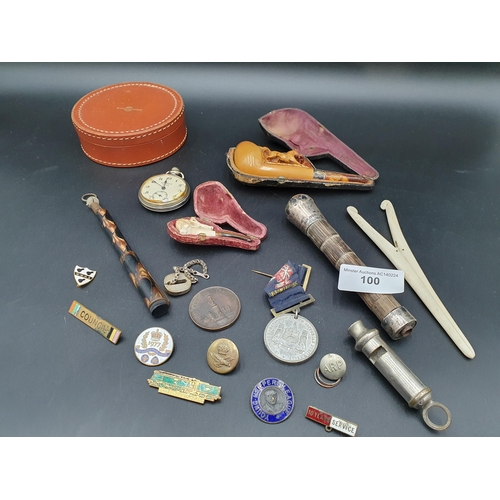 100 - Two Meerschaum Pipes,cased, a silver mounted Parasol Handle, Glove Stretchers, Whistle, Badges, Butt... 