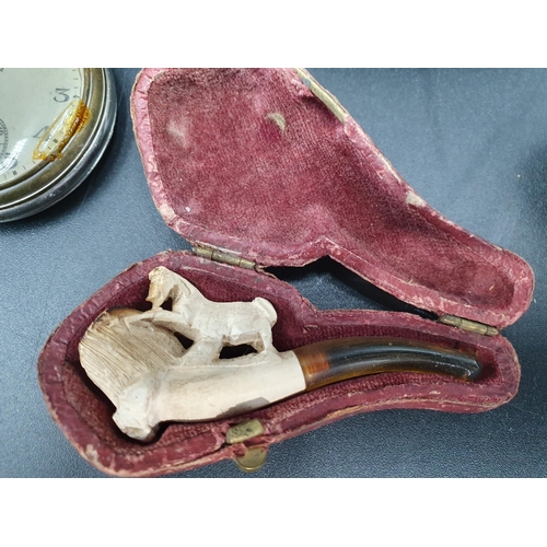 100 - Two Meerschaum Pipes,cased, a silver mounted Parasol Handle, Glove Stretchers, Whistle, Badges, Butt... 