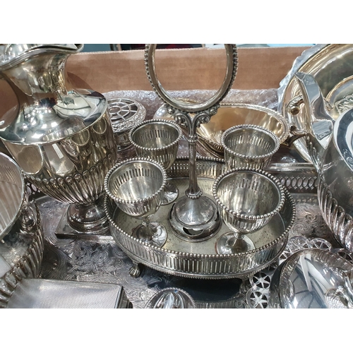 119 - Plated Items including three piece Tea Service, Cigarette Box, Egg Cups on stand, Table Lighters, Va... 