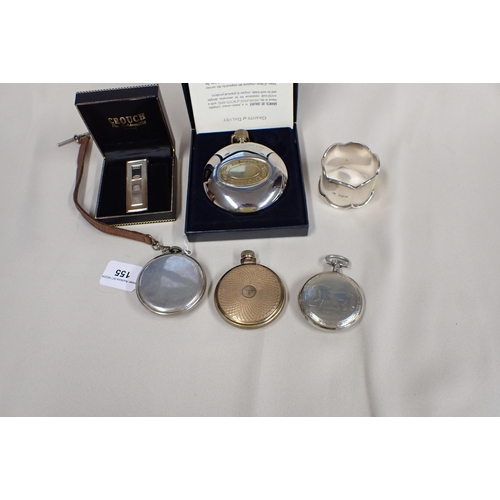 155 - Three open faced Pocket Watches in base metal cases, a silver Bookmark and Napkin Ring and a modern ... 