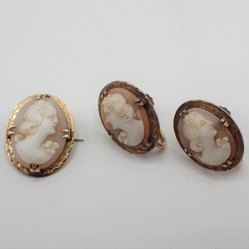 160 - A small carved shell Cameo Brooch of bust in profile with Earrings en suite on screw fittings, appro... 